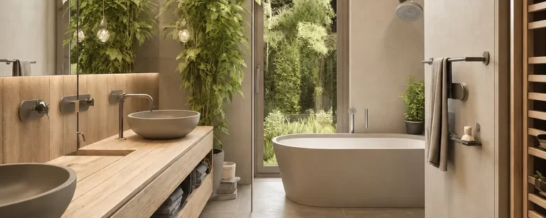 Baño con paredes en microcemento continuo tono cálido, bañera exenta y mueble de madera natural